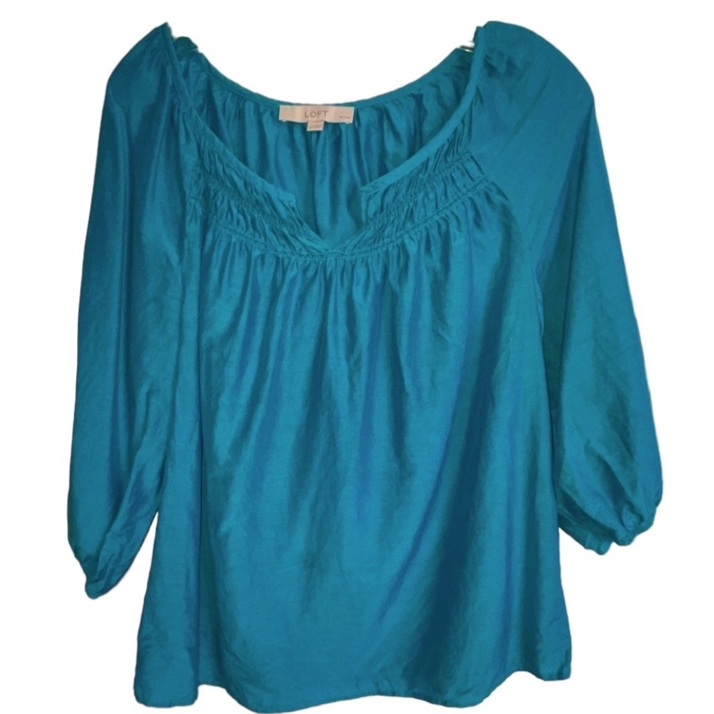 LOFT teal light cotton blouse with 3/4 sleeves and ruched collar. L